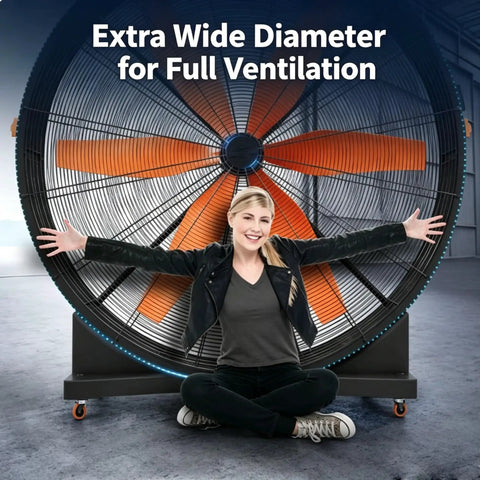 Heavy Duty Mobile Industrial Circulation Fan Featuring Tough As Nails Permanent Magnet Brushless Core And Lockable Rolling Wheels For Hassle Free Zone Shifting In Any Workshop Space, with extra wide diameter for full ventilation.