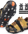 Upgraded Ice Cleats For Shoes And Boots With 12 Stainless Steel Spikes No Slip Traction Cleats on brown hiking boot