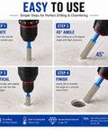 Four-step guide illustrating easy use of Crush Through Hard Surfaces With This Eight Piece Vacuum Brazed Diamond Drill Bit And Hole Saw Set.