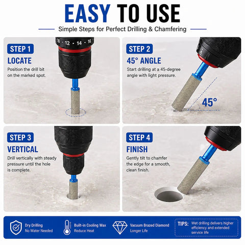Four-step guide illustrating easy use of Crush Through Hard Surfaces With This Eight Piece Vacuum Brazed Diamond Drill Bit And Hole Saw Set.