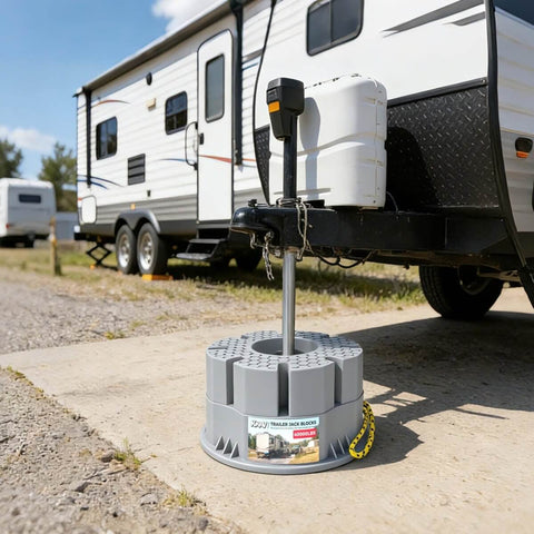 Six Inch Height Trailer Jack Block Heavy Duty 40000 Lbs RV Camper Stabilizer Blocks in use under travel trailer
