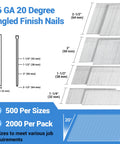 Diagram of All In One Pro Pack 2000 16 Gauge Finish Nails, galvanized, 20-degree angled, 2-1/2, 2, 1-1/2, 1-1/4 inch sizes shown.