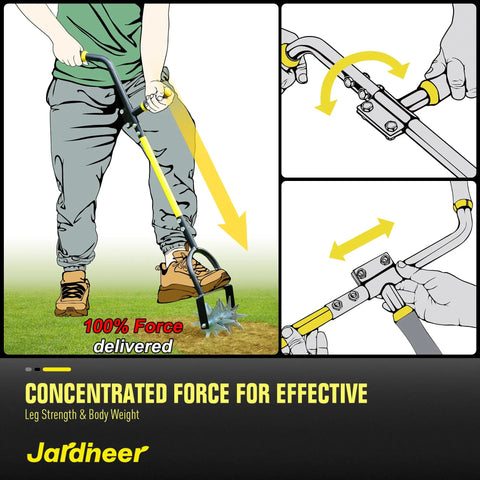 Heavy Duty Rotary Cultivator For Gardening With Long Handle Workhorse Tiller for soil aeration, close-up of user and adjustment mechanism.
