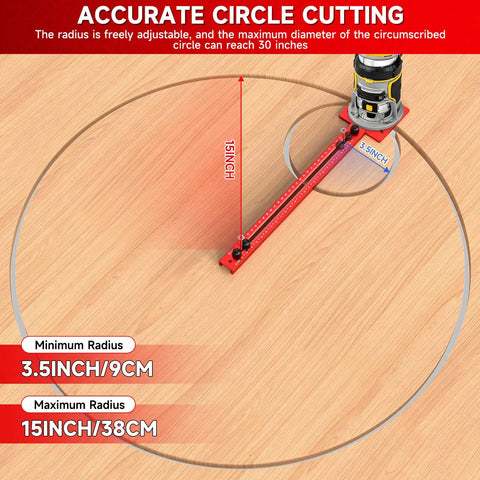 Bulletproof Adjustable Router Circle Cutting Jig For Compact Shop Setups Smooth Arc Routing And Super Precise Curved Edge Trimming Made Dead Simple, showing adjustable radius of 3.5 to 15 inches on wood.