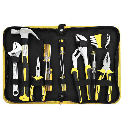 19 Piece Household Tool Kit Set With Pliers Screwdrivers Hex Keys And Wrenches Includes Storage Bag displayed open