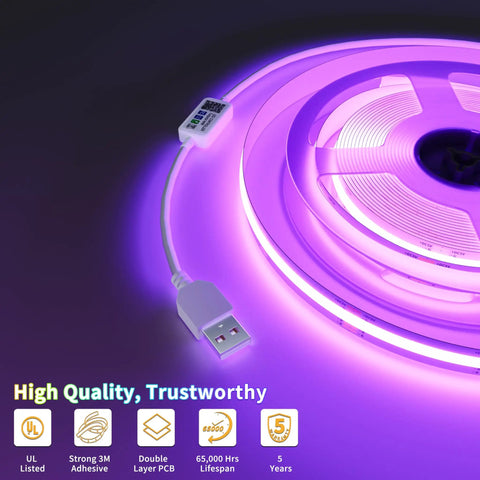 5V USB RGB COB LED Strip Light 4.92ft Color Changing Tape With Bluetooth Control rolled and glowing purple light