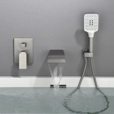 Wall Mount Bathtub Faucet With Hand Shower And Waterfall Tub Spout, Complete Tub And Shower Faucet Set With Rough In Valve Trim Kit in Brushed Nickel Finish