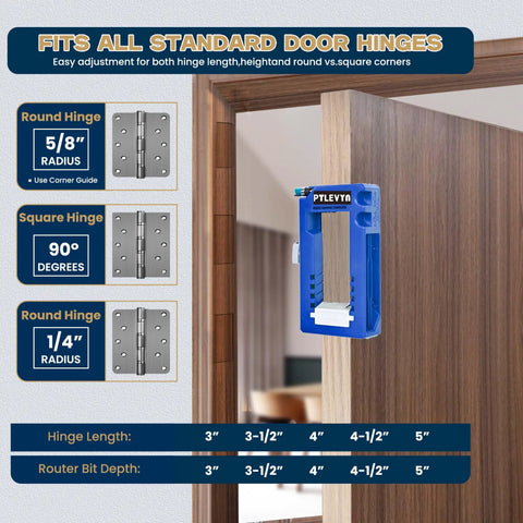Pro Grade Door Hinge Mounting Template Kit With Mortise Opener And Locking Clips For Three To Five Inch Hinges in use on wooden door frame.