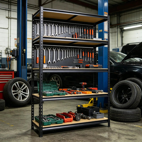 Badass Heavy Duty Five Tier Garage Shelving Unit With Reinforced Steel Legs And Rock Hard Mdf Shelves for organized tool storage.