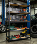 Top Shelf Heavy Duty Five Tier Garage Storage Rack With Adjustable Steel Uprights And Durable MDF Boards Delivering Two Thousand Pounds For Workshop Gear And Essentials organized with tools and equipment.