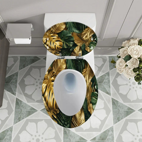 Elongated Resin Toilet Seat for Bathroom in leafy green and gold design, measuring 14.5" x 18.5" for a stylish addition.