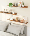 Three Piece Floating Wall Shelves Set With 47 Inch Long Ledges Raised Edge And Hidden Brackets Rustic Brown Dope Space Saver For Bathroom Kitchen Bedroom Office Living Room Decor And Display Storage, rustic brown wall shelves above bed