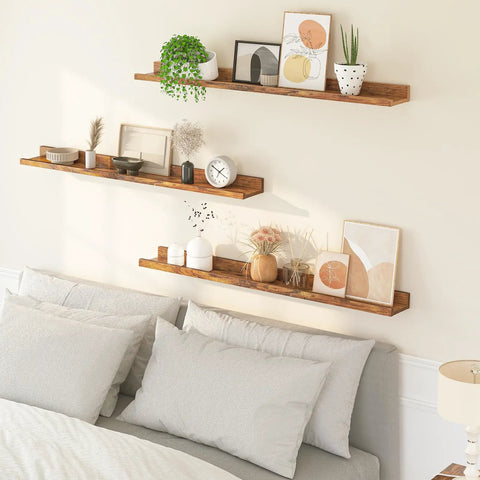 Three Piece Floating Wall Shelves Set With 47 Inch Long Ledges Raised Edge And Hidden Brackets Rustic Brown Dope Space Saver For Bathroom Kitchen Bedroom Office Living Room Decor And Display Storage, rustic brown wall shelves above bed