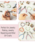 Three Piece Jewelry Pliers Set With Needle Nose Round Nose And Side Cutter For Beading Wire Wrapping Jump Rings And Jewelry Repair Ideal DIY Craft Tool Kit For Makers And Hobbyists showing colorful pliers used in craft work.