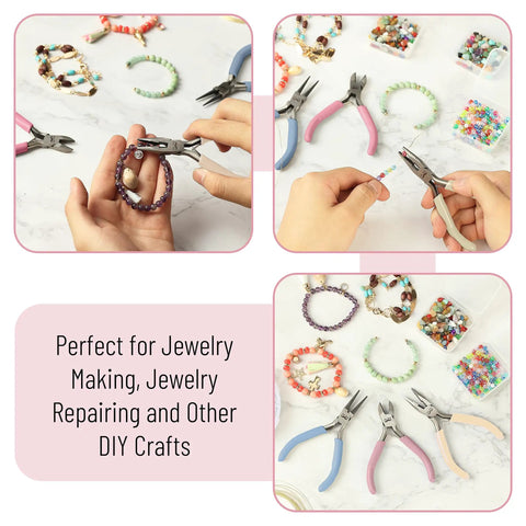 Three Piece Jewelry Pliers Set With Needle Nose Round Nose And Side Cutter For Beading Wire Wrapping Jump Rings And Jewelry Repair Ideal DIY Craft Tool Kit For Makers And Hobbyists showing colorful pliers used in craft work.