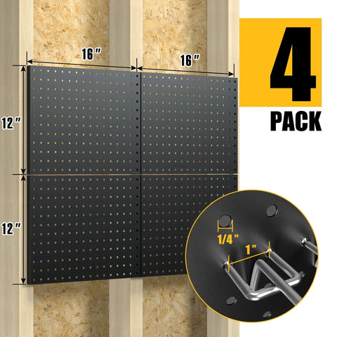 Heavy Duty Metal Pegboard Panels 4 Pack With 50 Hooks Black Wall Organizer in use showcasing dimensions and hole size