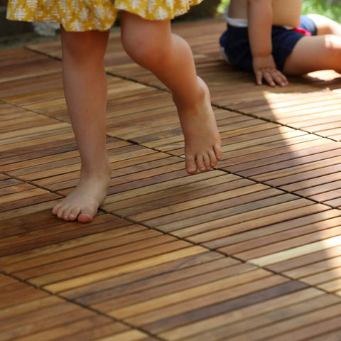 EZ-Floor Interlocking Teak Flooring Tiles With Solid Teak Wood Oil Finish Long Slat Set Of 10 Easy DIY Installation No Tools Needed For Indoor Or Outdoor Use Durable Weatherproof Deck Tiles For Patios Balconies Or Sunrooms