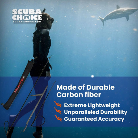 Diver underwater with Carbon Fiber Pole Spear 7 Foot Travel 3-Piece With Single Flopper Tip Black for Spearfishing and Diving