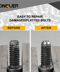 Conquer metal deburring external chamfer tool; close-up bolt thread before and after repair