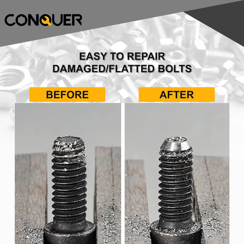 Conquer metal deburring external chamfer tool; close-up bolt thread before and after repair