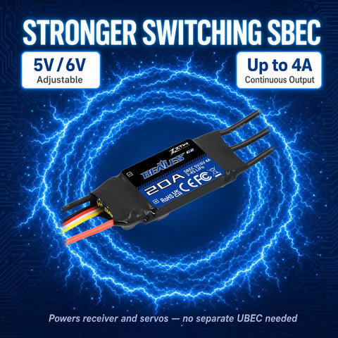Beatles G2 20A Brushless ESC For RC Airplanes 2 To 4S With Built-In Switching BEC 5V And 6V 4A, shown with electric design