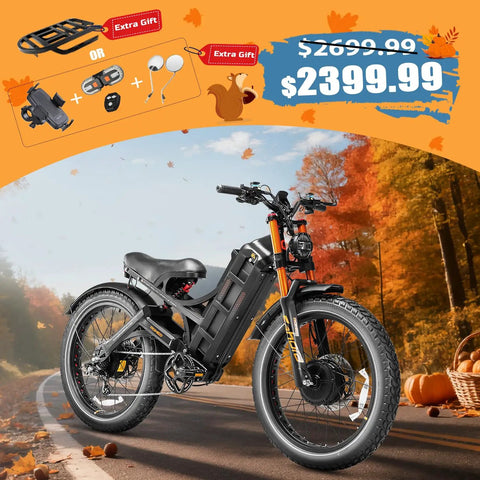Beast Mode Dual Motor Adult Electric Bike 4000W Top Speed 46 Mph 52V 70Ah Battery 200 Mile Range 26 X 40 Fat Tire Full Suspension Ebike on a road.