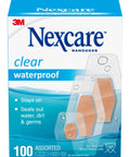 Waterproof Clear Bandages Assorted Sizes 100 Count With 360 Degree Seal package, shows product benefits and assorted bandage sizes