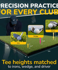 Diagram showing tee heights on 5x4 Premium Pro Grade Golf Hitting Mat With 40mm Cushioned Turf For Joint Friendly Practice Indoor And Outdoor Use Includes Training Kit Trusted By PGA Tour Pro Jim Herman USA Owned Brand.