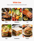 VEVOR Commercial Panini Grill 1800W Electric Sandwich Press With Stainless Steel Construction Temp Control Non Stick Enamel Plate For Burgers Bacon And Toast Perfect For Home Or Small Business Use meat vegetables fish eggs sandwiches burgers variety