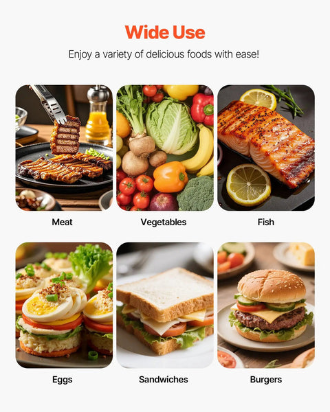 VEVOR Commercial Panini Grill 1800W Electric Sandwich Press With Stainless Steel Construction Temp Control Non Stick Enamel Plate For Burgers Bacon And Toast Perfect For Home Or Small Business Use meat vegetables fish eggs sandwiches burgers variety