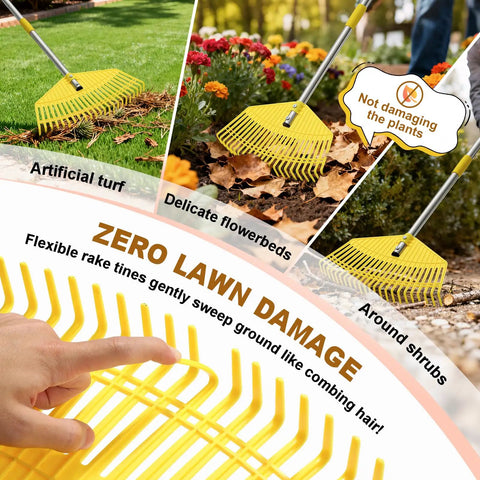 Heavy Duty Leaf Rake With 16.5 Inch Nylon Head And 51 Inch Adjustable Stainless Steel Handle: safe use on various surfaces.