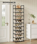 10-Tier Tall Shoe Rack Organizer With Metal Frame And Nonwoven Shelves, Vertical Shoe Storage For Entryway Or Bedroom, Holds About 20 Pairs, Black, Easy Assembly in room setting