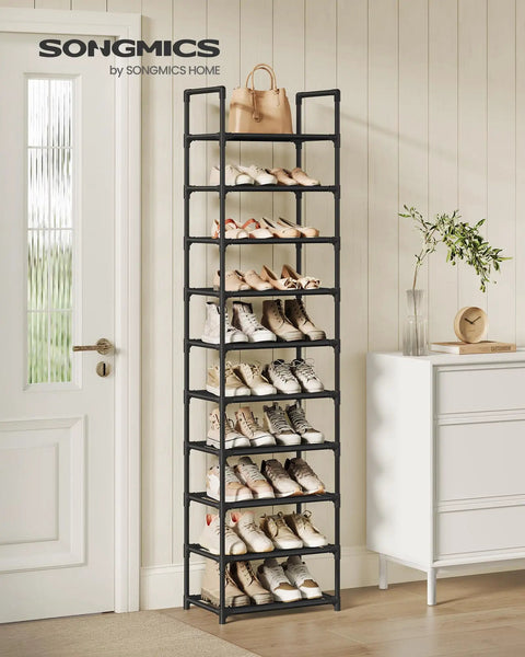 10-Tier Tall Shoe Rack Organizer With Metal Frame And Nonwoven Shelves, Vertical Shoe Storage For Entryway Or Bedroom, Holds About 20 Pairs, Black, Easy Assembly in room setting