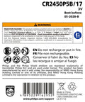 Heavy Duty 3V Lithium CR2450 Coin Cell Battery 5 Pack label detailing warnings and usage instructions for safe handling.