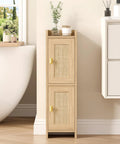 Top Tier Rattan Bathroom Cabinet Ultra Slim Floor Stand Toilet Paper Organizer Fights Clutter In Tight Corners with natural wood finish.