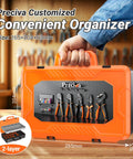 Orange tool case with Preciva logo, holding tools inside, size 265x204x53mm in a workshop setting.