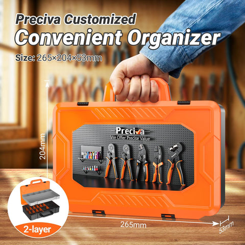 Orange tool case with Preciva logo, holding tools inside, size 265x204x53mm in a workshop setting.