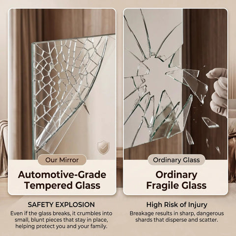 Comparison of tempered glass and ordinary glass breaks, highlighting safety features of Two Piece Full Body Mirrors 48 By 24 Inches.
