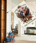 250 Years USA House Flag 28 By 40 Inch Double Sided Burlap Patriotic Flag on porch with eagle and floral design, 1776-2026