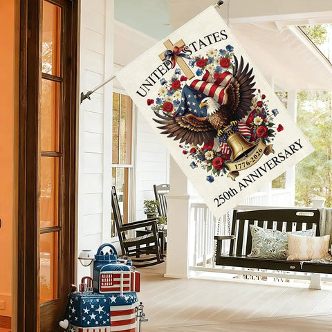 250 Years USA House Flag 28 By 40 Inch Double Sided Burlap Patriotic Flag on porch with eagle and floral design, 1776-2026