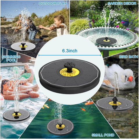 Solar Powered Bird Bath Fountain Pump With Glass Panel 3.5W No Battery Outdoor Water Fountain Kit showcased in various settings, including garden and pool.