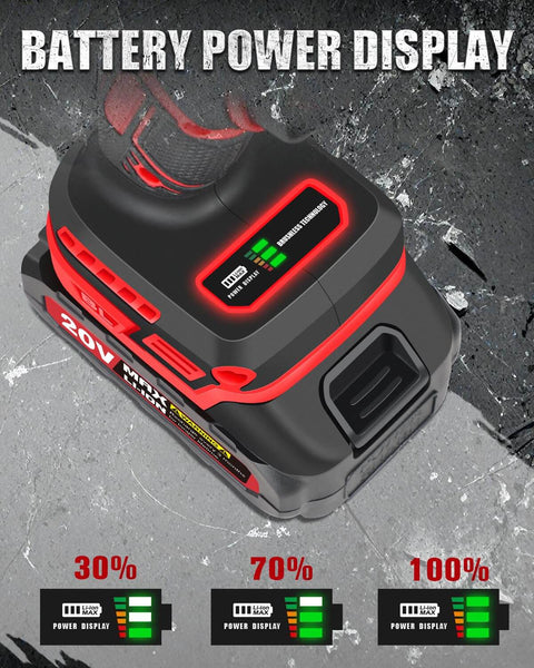 Close-up of power display on a 20V battery charger for Brushless 20V Cordless Drill Driver Kit With 2.0Ah Battery And Charger.