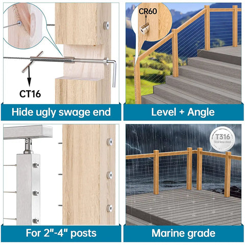 Patent Pending Invisible Cable Railing Kit Twenty Pack One Eighth Inch Receiver Swage Stud End For Two By Two Or Four By Four Wood And Metal Posts Stainless Steel Deck Cable Railing System CR36