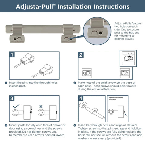 Adjusta-Pull installation guide for 5 Pack Matte Black Cabinet Handles And Adjustable Drawer Pulls Fits 1-3/8 to 4 Inch Hole Centers.