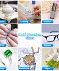 Various uses of Cridoz Clear Jewelry Glue With Precision Tip For Rhinestones including ceramics, nail art, plastic, and crafting.