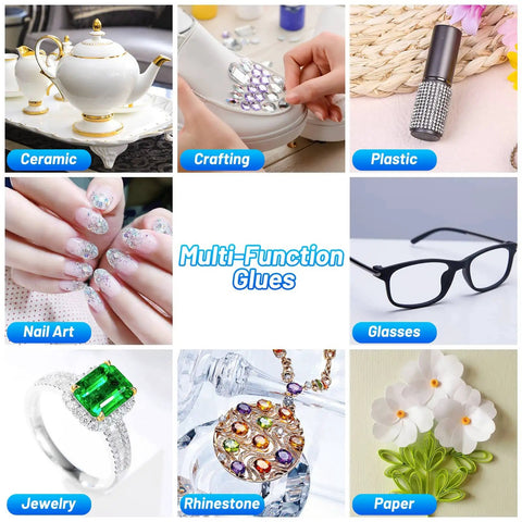 Various uses of Cridoz Clear Jewelry Glue With Precision Tip For Rhinestones including ceramics, nail art, plastic, and crafting.