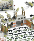 Epic Military Base Building Set With 710 Pieces For Kids 9-12 including drone, anti-aircraft guns, and camouflage weapons displayed.