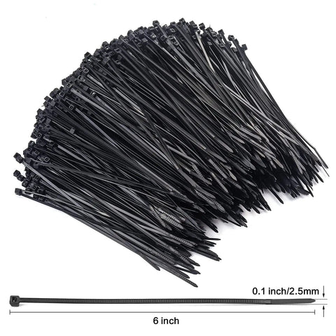 Heavy Duty Nylon Zip Ties 6 Inch Self Locking 1000 Count Black For Indoor Outdoor Wiring And Organization 18 Lbs Tensile Strength Temperature Resistant Minus Forty To One Hundred Eighty Five Fahrenheit, showing a bundle and individual tie.