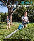 All-In-One Cordless Pole Saw And Hedge Trimmer Kit With 8-Inch Chainsaw, 16-Inch Hedge Blade, 15-Foot Reach In Use