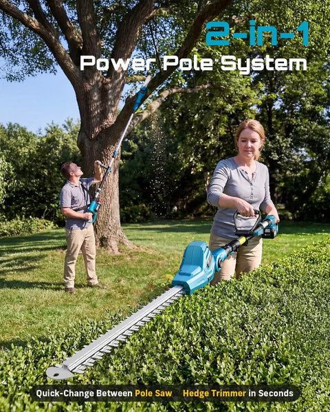 All-In-One Cordless Pole Saw And Hedge Trimmer Kit With 8-Inch Chainsaw, 16-Inch Hedge Blade, 15-Foot Reach In Use